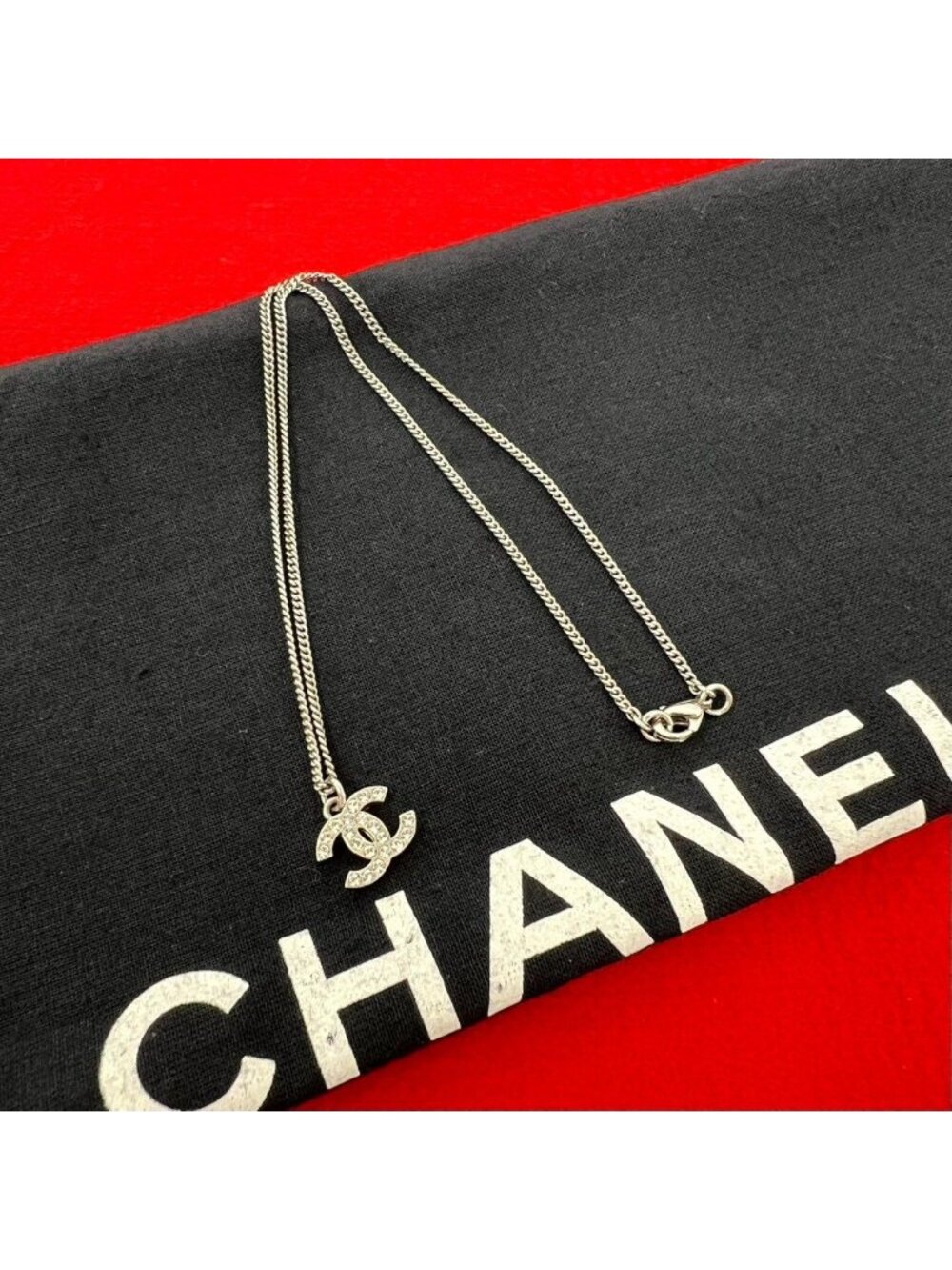 Chanel CC Logo Metal Rhinestone Necklace Silver